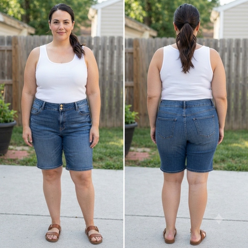 Lane Bryant Tighter Tummy Tech Bermuda Denim Shorts Blue Size 16 High Rise